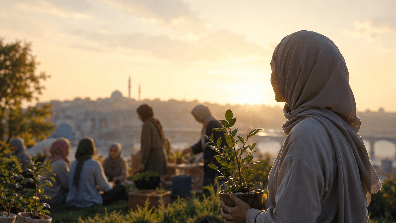 TÜRGEV gönüllüleri gün batımında bir arada; ön planda saksı tutan bir gönüllü
