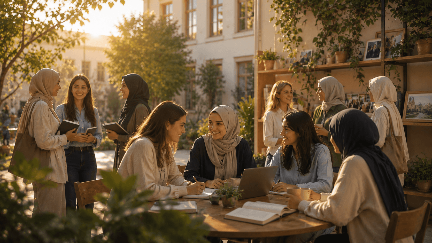 TÜRGEV mezunları avluda masa etrafında sohbet ederken
